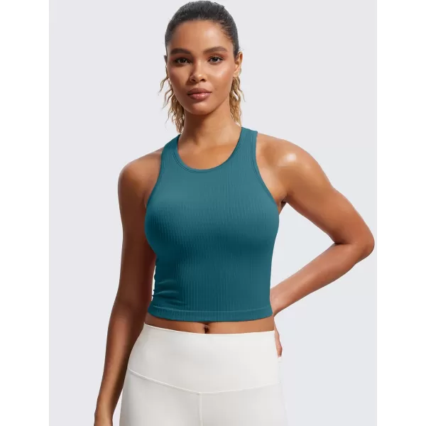 CRZ YOGA Womens Seamless Ribbed Longline High Neck Sports Bra  Racerback Padded Slim Fit Crop Tank Top with Built in BraGreen Jade