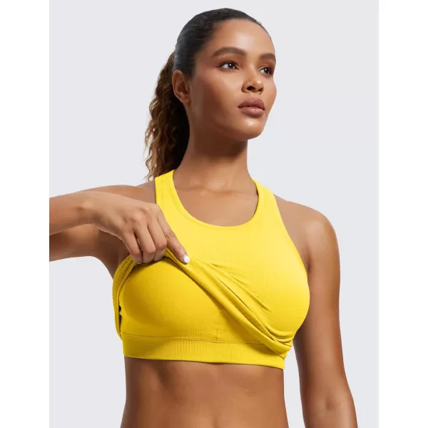 CRZ YOGA Womens Seamless Ribbed Longline High Neck Sports Bra  Racerback Padded Slim Fit Crop Tank Top with Built in BraHigh Visibility Yellow