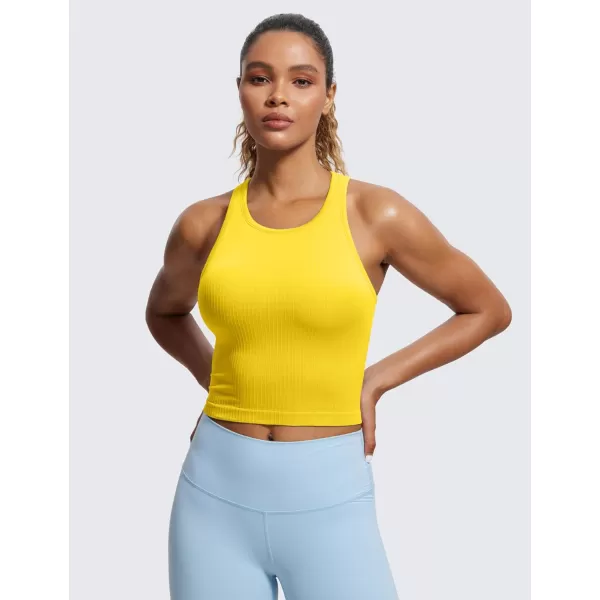 CRZ YOGA Womens Seamless Ribbed Longline High Neck Sports Bra  Racerback Padded Slim Fit Crop Tank Top with Built in BraHigh Visibility Yellow