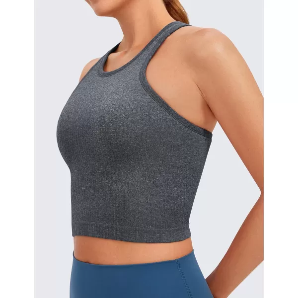 CRZ YOGA Womens Seamless Ribbed Longline High Neck Sports Bra  Racerback Padded Slim Fit Crop Tank Top with Built in BraLight Gray Heather