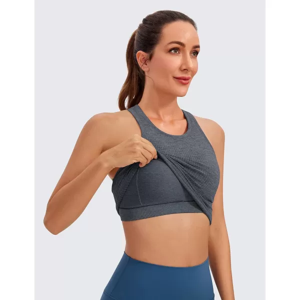 CRZ YOGA Womens Seamless Ribbed Longline High Neck Sports Bra  Racerback Padded Slim Fit Crop Tank Top with Built in BraLight Gray Heather