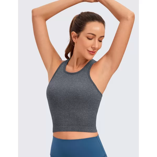 CRZ YOGA Womens Seamless Ribbed Longline High Neck Sports Bra  Racerback Padded Slim Fit Crop Tank Top with Built in BraLight Gray Heather