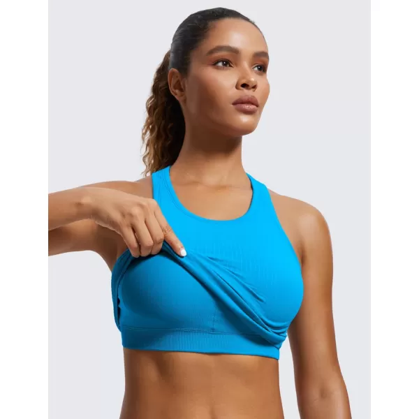 CRZ YOGA Womens Seamless Ribbed Longline High Neck Sports Bra  Racerback Padded Slim Fit Crop Tank Top with Built in BraMadagascar Blue