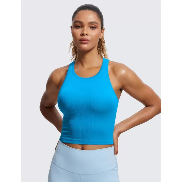 CRZ YOGA Womens Seamless Ribbed Longline High Neck Sports Bra  Racerback Padded Slim Fit Crop Tank Top with Built in BraMadagascar Blue