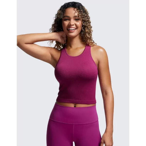 CRZ YOGA Womens Seamless Ribbed Longline High Neck Sports Bra  Racerback Padded Slim Fit Crop Tank Top with Built in BraMagenta Purple