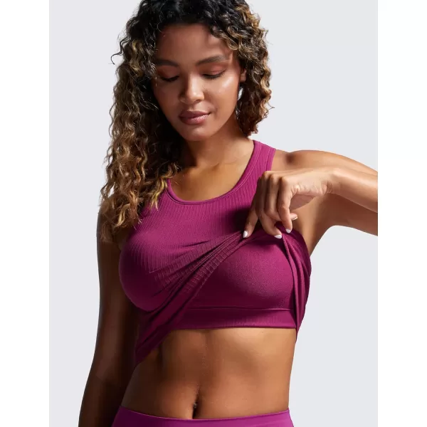 CRZ YOGA Womens Seamless Ribbed Longline High Neck Sports Bra  Racerback Padded Slim Fit Crop Tank Top with Built in BraMagenta Purple