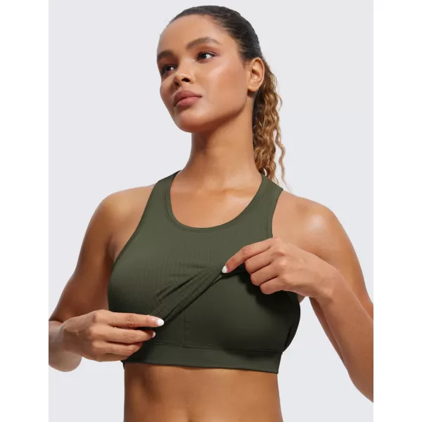 CRZ YOGA Womens Seamless Ribbed Longline High Neck Sports Bra  Racerback Padded Slim Fit Crop Tank Top with Built in BraOlive Green