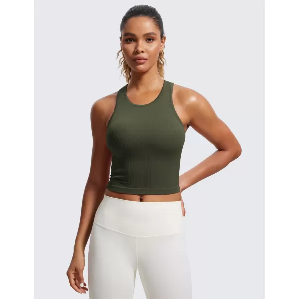 CRZ YOGA Womens Seamless Ribbed Longline High Neck Sports Bra  Racerback Padded Slim Fit Crop Tank Top with Built in BraOlive Green