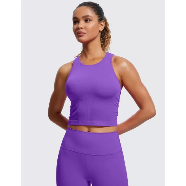 CRZ YOGA Womens Seamless Ribbed Longline High Neck Sports Bra  Racerback Padded Slim Fit Crop Tank Top with Built in BraRoyal Lilac