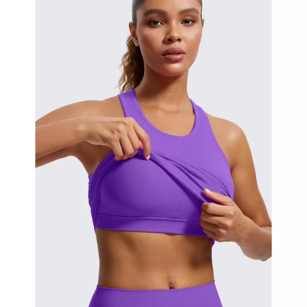 CRZ YOGA Womens Seamless Ribbed Longline High Neck Sports Bra  Racerback Padded Slim Fit Crop Tank Top with Built in BraRoyal Lilac