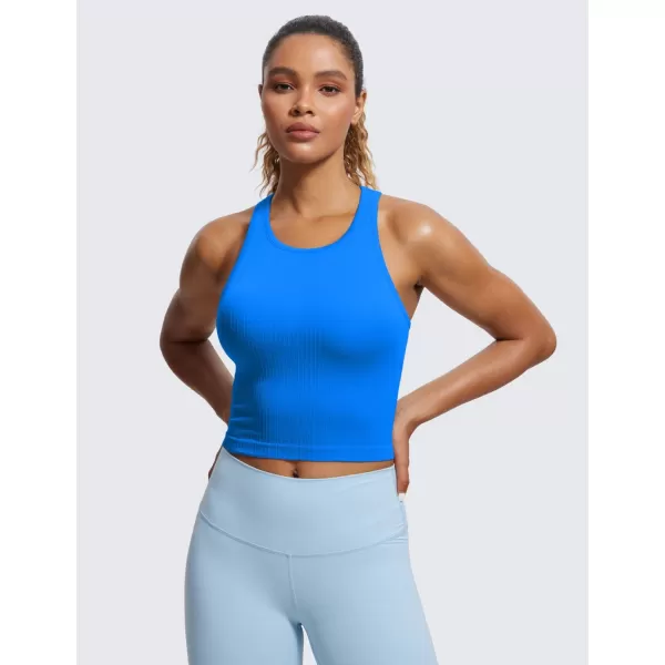 CRZ YOGA Womens Seamless Ribbed Longline High Neck Sports Bra  Racerback Padded Slim Fit Crop Tank Top with Built in BraSparkle Blue