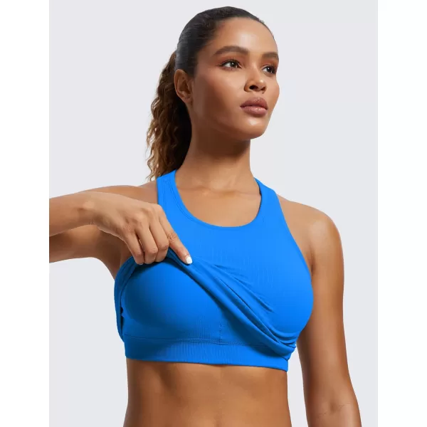 CRZ YOGA Womens Seamless Ribbed Longline High Neck Sports Bra  Racerback Padded Slim Fit Crop Tank Top with Built in BraSparkle Blue