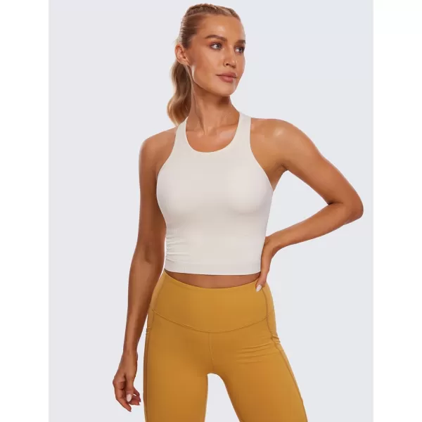 CRZ YOGA Womens Seamless Ribbed Longline High Neck Sports Bra  Racerback Padded Slim Fit Crop Tank Top with Built in BraWhite Apricot