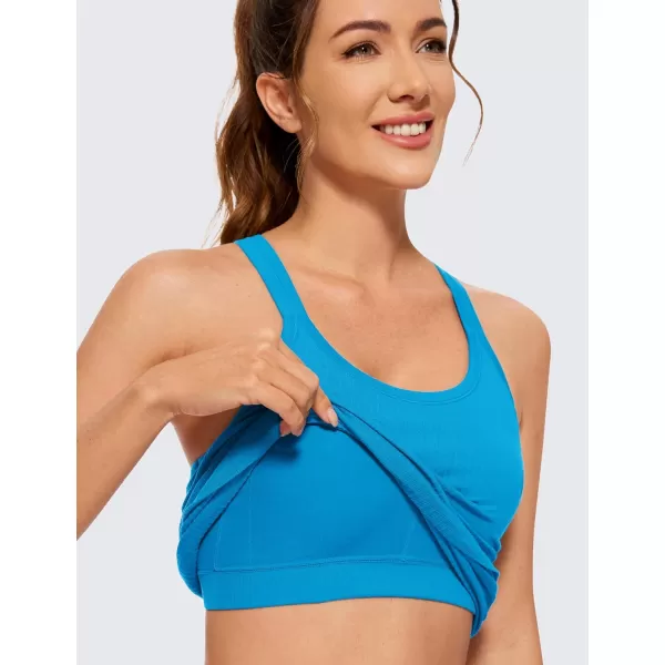 CRZ YOGA Womens Seamless Ribbed Racerback Tank Tops with Built in Bra  Padded Scoop Neck Slimming Athletic Long CamisoleMadagascar Blue