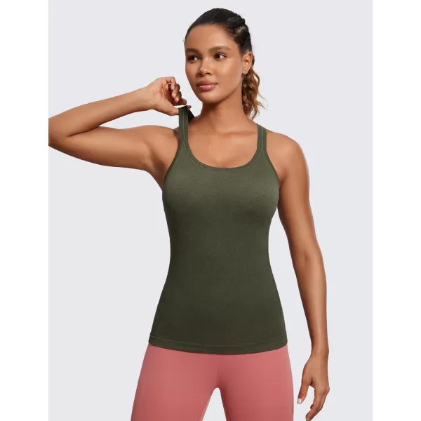 CRZ YOGA Womens Seamless Ribbed Racerback Tank Tops with Built in Bra  Padded Scoop Neck Slimming Athletic Long CamisoleOlive Green