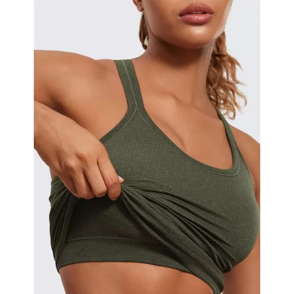 CRZ YOGA Womens Seamless Ribbed Racerback Tank Tops with Built in Bra  Padded Scoop Neck Slimming Athletic Long CamisoleOlive Green