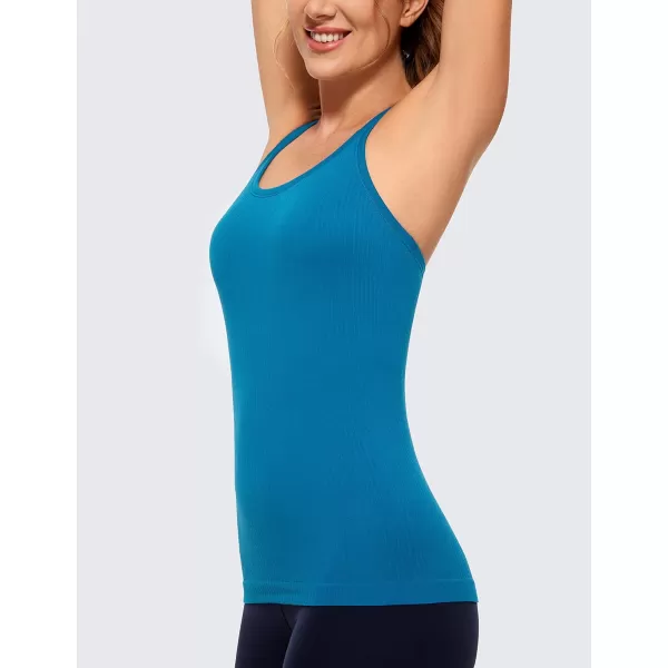 CRZ YOGA Womens Seamless Ribbed Racerback Tank Tops with Built in Bra  Padded Scoop Neck Slimming Athletic Long CamisoleSupersonic Blue