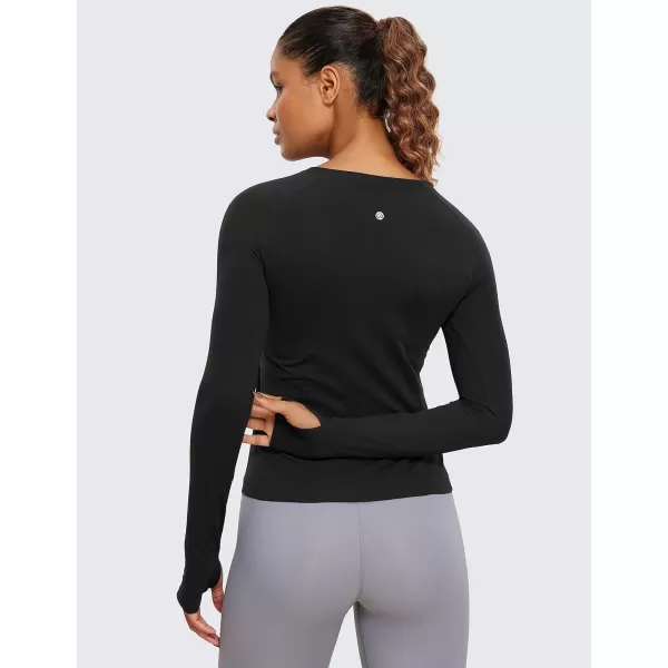 CRZ YOGA Womens Seamless Ribbed Workout Long Sleeve Shirts Quick Dry Gym Athletic Tops Breathable Running ShirtBlack