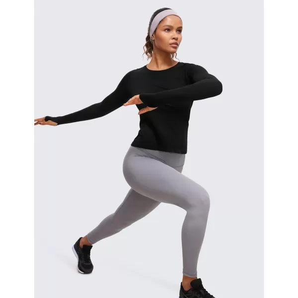 CRZ YOGA Womens Seamless Ribbed Workout Long Sleeve Shirts Quick Dry Gym Athletic Tops Breathable Running ShirtBlack