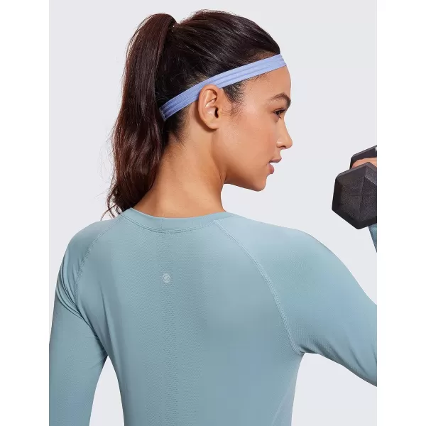 CRZ YOGA Womens Seamless Ribbed Workout Long Sleeve Shirts Quick Dry Gym Athletic Tops Breathable Running ShirtPure Blue