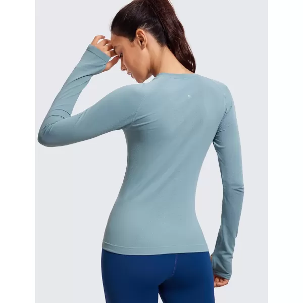 CRZ YOGA Womens Seamless Ribbed Workout Long Sleeve Shirts Quick Dry Gym Athletic Tops Breathable Running ShirtPure Blue