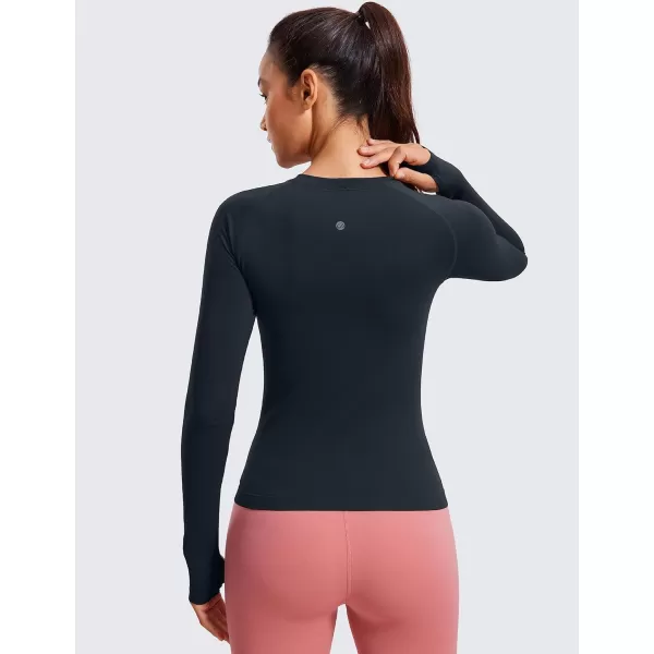 CRZ YOGA Womens Seamless Ribbed Workout Long Sleeve Shirts Quick Dry Gym Athletic Tops Breathable Running ShirtTrue Navy