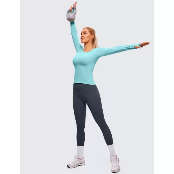 CRZ YOGA Womens Seamless Ribbed Workout Long Sleeve Shirts Quick Dry Gym Athletic Tops Breathable Running ShirtTurquoise