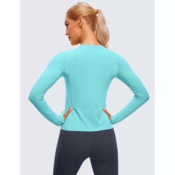 CRZ YOGA Womens Seamless Ribbed Workout Long Sleeve Shirts Quick Dry Gym Athletic Tops Breathable Running ShirtTurquoise