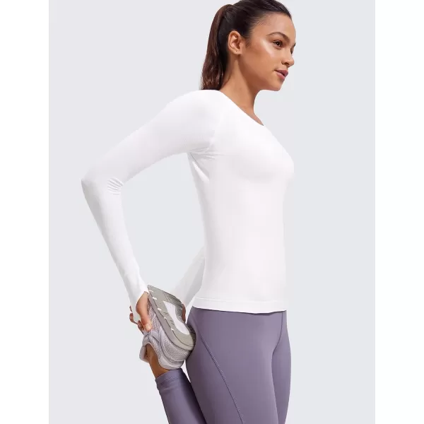 CRZ YOGA Womens Seamless Ribbed Workout Long Sleeve Shirts Quick Dry Gym Athletic Tops Breathable Running ShirtWhite