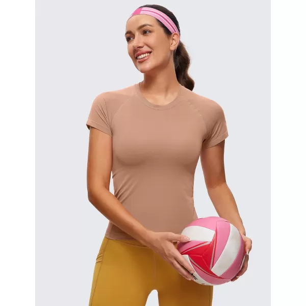 CRZ YOGA Womens Seamless Workout Tops Breathable Short Sleeve Gym Shirts Running Yoga Athletic TShirtsMocha Mousse