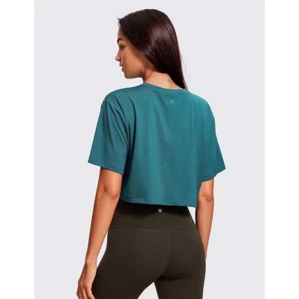 CRZ YOGA Womens Short Sleeve Tops Lightweight Breathable Workout Shirts High Neck Crop Tops Athletic Yoga TShirtsGreen Jade