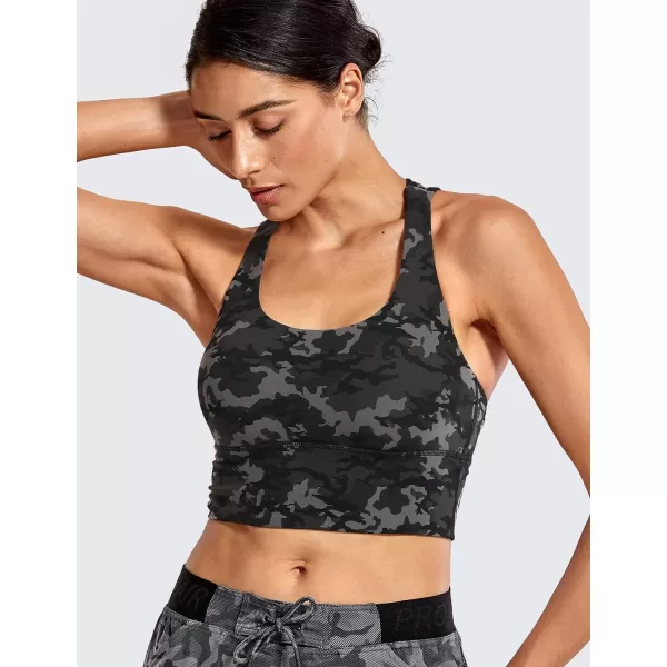 CRZ YOGA Womens Strappy Longline Sports Bras  Wirefree Padded Medium Impact Workout Crop Tank TopCamo Multi One