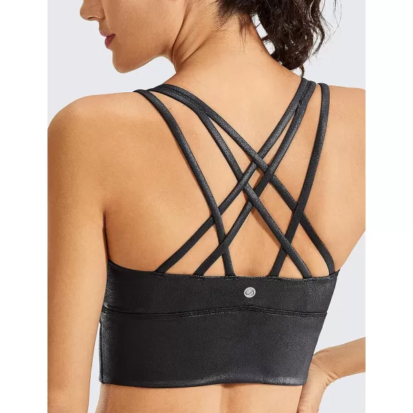 CRZ YOGA Womens Strappy Longline Sports Bras  Wirefree Padded Medium Impact Workout Crop Tank TopFaux Leather Black Plain