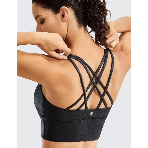 CRZ YOGA Womens Strappy Longline Sports Bras  Wirefree Padded Medium Impact Workout Crop Tank TopFaux Leather Black Plain