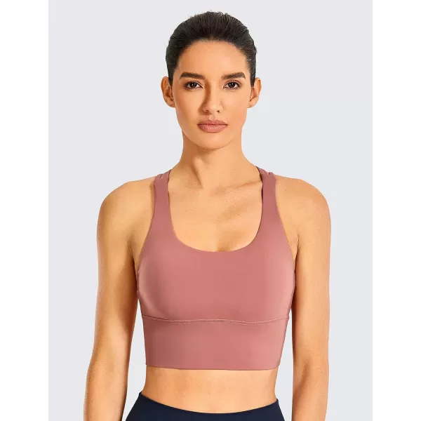 CRZ YOGA Womens Strappy Longline Sports Bras  Wirefree Padded Medium Impact Workout Crop Tank TopLight Reddish Brown