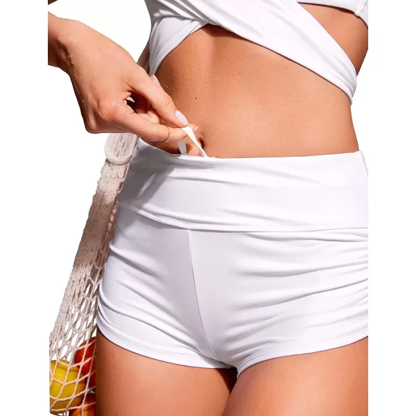 CRZ YOGA Womens Swim Shorts  High Waisted Bathing Suit Bottoms Adjustable Ruched Side Board Shorts Swimsuit Boy ShortsWhite