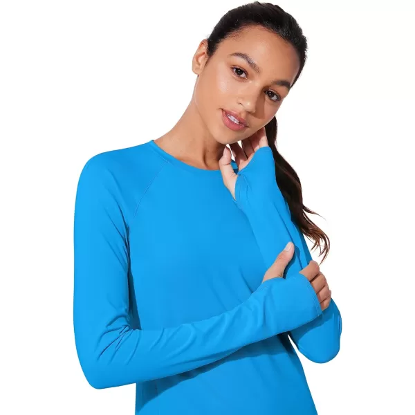 CRZ YOGA Womens UPF 50 Sun Protection Long Sleeve Workout Shirts Quick Dry Outdoor Hiking Running Tops with Thumb HolesMadagascar Blue