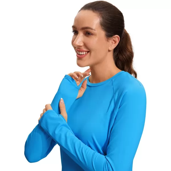 CRZ YOGA Womens UPF 50 Sun Protection Long Sleeve Workout Shirts Quick Dry Outdoor Hiking Running Tops with Thumb HolesMadagascar Blue