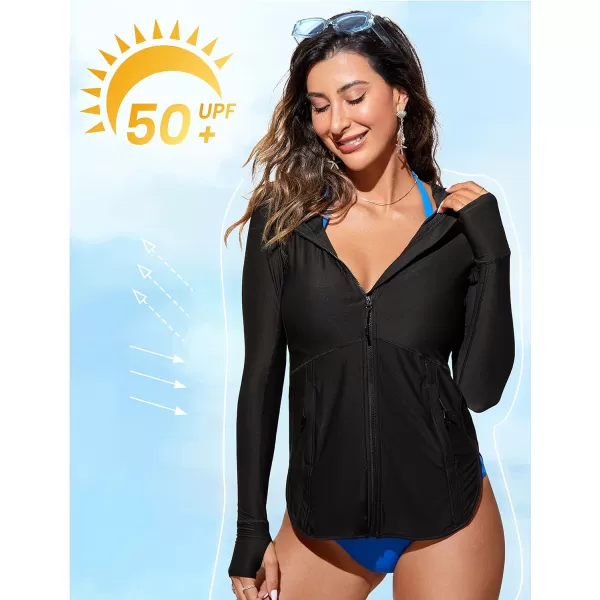 CRZ YOGA Womens UPF 50 Zip Front Hoodie Long Sleeve Rash Guard  Quick Dry Lightweight UV Sun Protection Swim ShirtsBlack