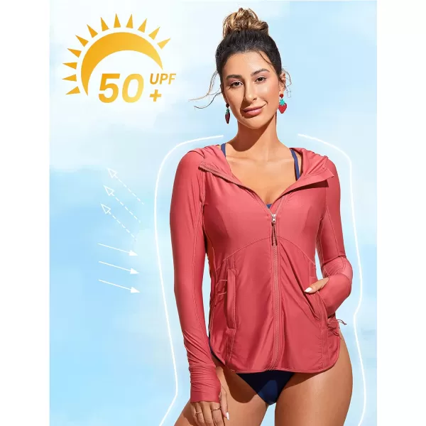 CRZ YOGA Womens UPF 50 Zip Front Hoodie Long Sleeve Rash Guard  Quick Dry Lightweight UV Sun Protection Swim ShirtsMaple Red