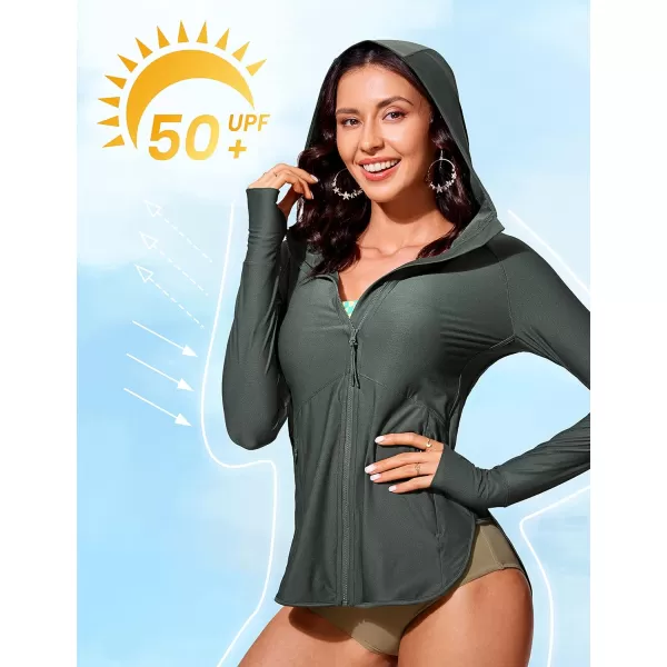 CRZ YOGA Womens UPF 50 Zip Front Hoodie Long Sleeve Rash Guard  Quick Dry Lightweight UV Sun Protection Swim ShirtsMountain Green