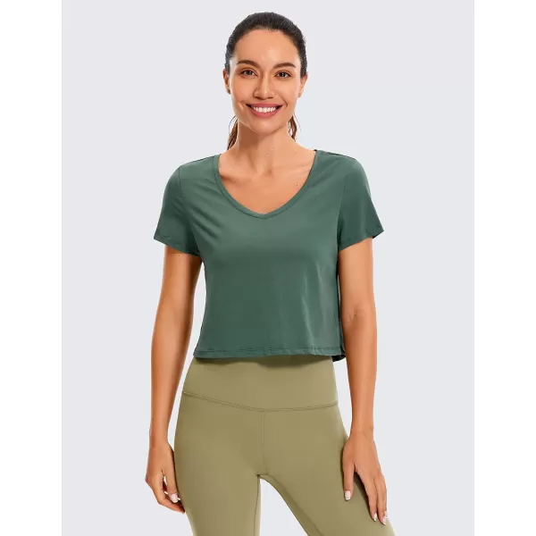 CRZ YOGA Womens Workout Crop Tops Pima Cotton Short Sleeve VNeck Shirts Casual Basic Cropped Tee TopsGraphite Green