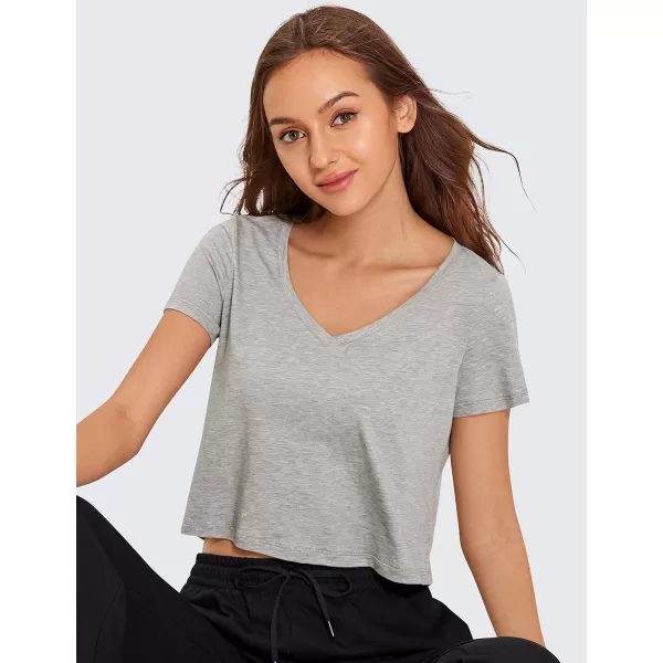 CRZ YOGA Womens Workout Crop Tops Pima Cotton Short Sleeve VNeck Shirts Casual Basic Cropped Tee TopsHeathered Medium Grey