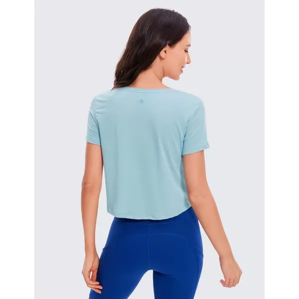 CRZ YOGA Womens Workout Crop Tops Pima Cotton Short Sleeve VNeck Shirts Casual Basic Cropped Tee TopsPure Blue