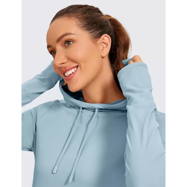 CRZ YOGA Workout Long Sleeve Shirt for Women Hoodie Pullover Athletic Hooded Long Sleeves Sports Gym Tops with ThumbholeLight Grayish Blue