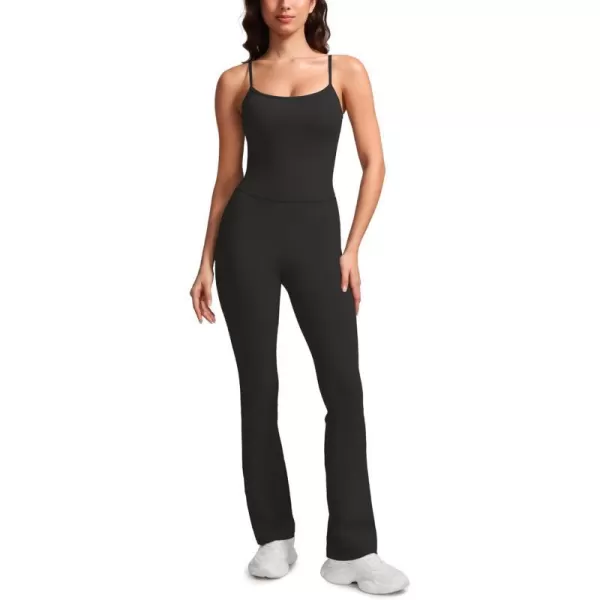 CRZ YOGA Butterluxe Flare Jumpsuits for Women Spaghetti Strap Workout Athletic Onesie Square Neck Bodysuits with Built in BraBlack