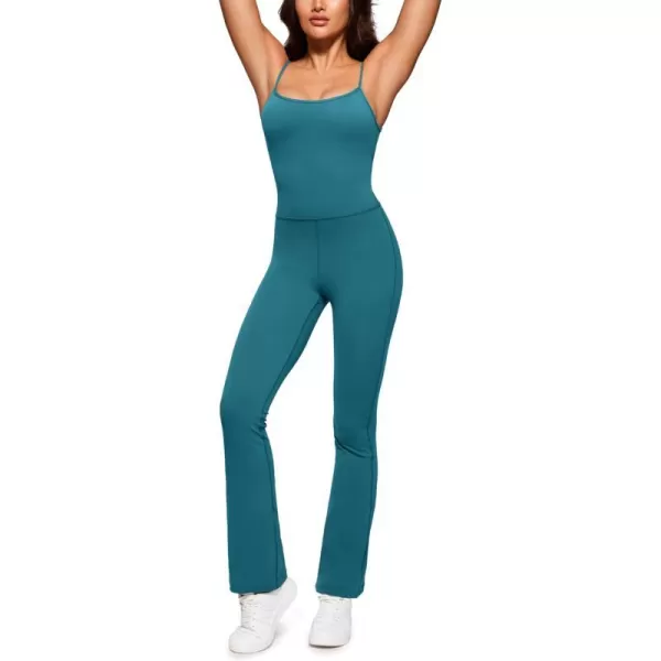 CRZ YOGA Butterluxe Flare Jumpsuits for Women Spaghetti Strap Workout Athletic Onesie Square Neck Bodysuits with Built in BraBorealis Green