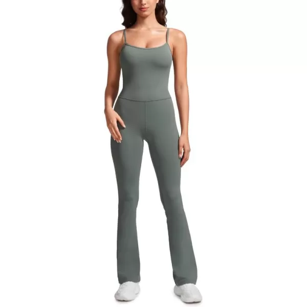 CRZ YOGA Butterluxe Flare Jumpsuits for Women Spaghetti Strap Workout Athletic Onesie Square Neck Bodysuits with Built in BraGrey Sage