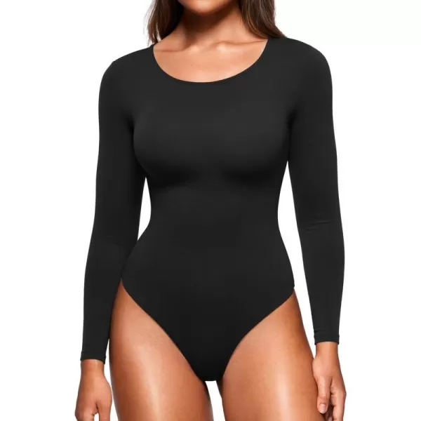 CRZ YOGA Butterluxe Long Sleeve Bodysuit for Women Crew Neck Tops Sexy Thong Bodysuits Breathable StretchyBlack