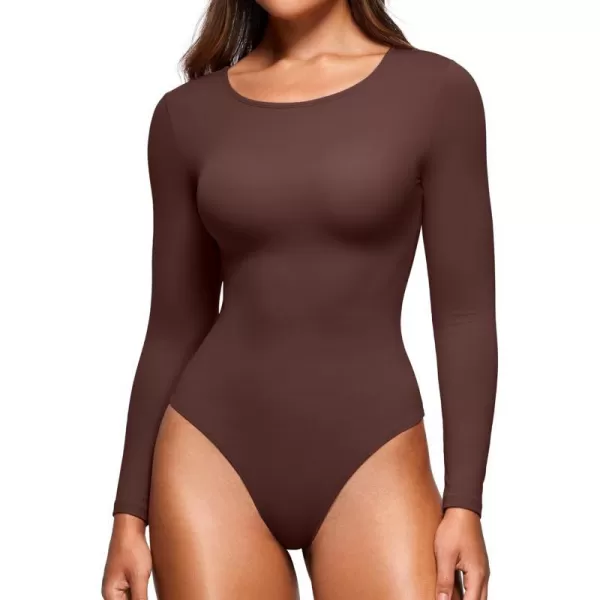 CRZ YOGA Butterluxe Long Sleeve Bodysuit for Women Crew Neck Tops Sexy Thong Bodysuits Breathable StretchyTaupe